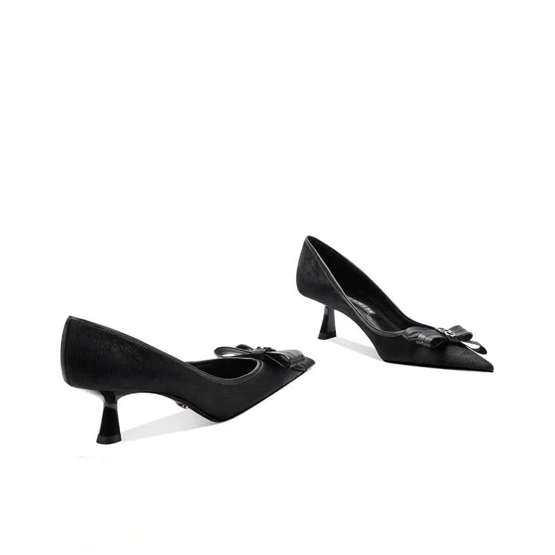 蝴蝶结黑色单鞋女2025春季新款马毛中高跟女鞋舒适不累脚工作女鞋