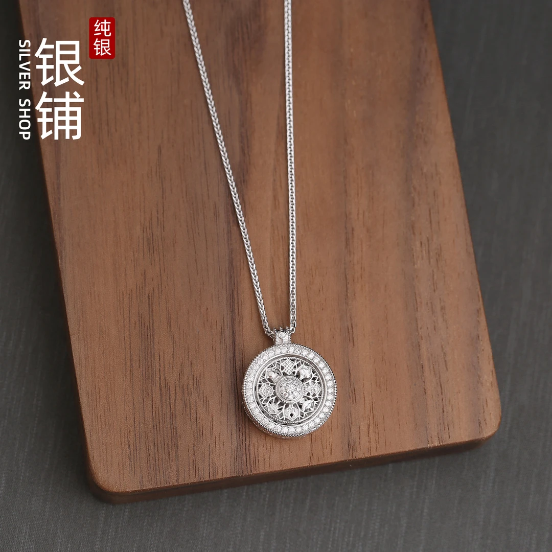 坠链均925银 八宝罗盘纯银项链国潮旋转抽拉不过敏复古时尚百搭