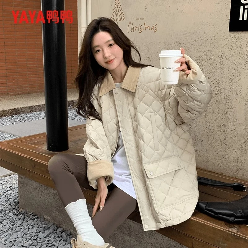 YAYA/鸭鸭女秋冬季短款衬衫时尚宽松简约羽绒服外套YE4B604147P