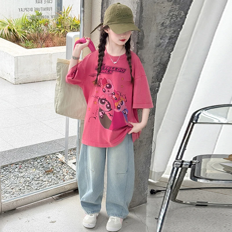 女童夏季短袖套装时尚休闲半袖减龄宽松中长款印花卡通时尚休闲