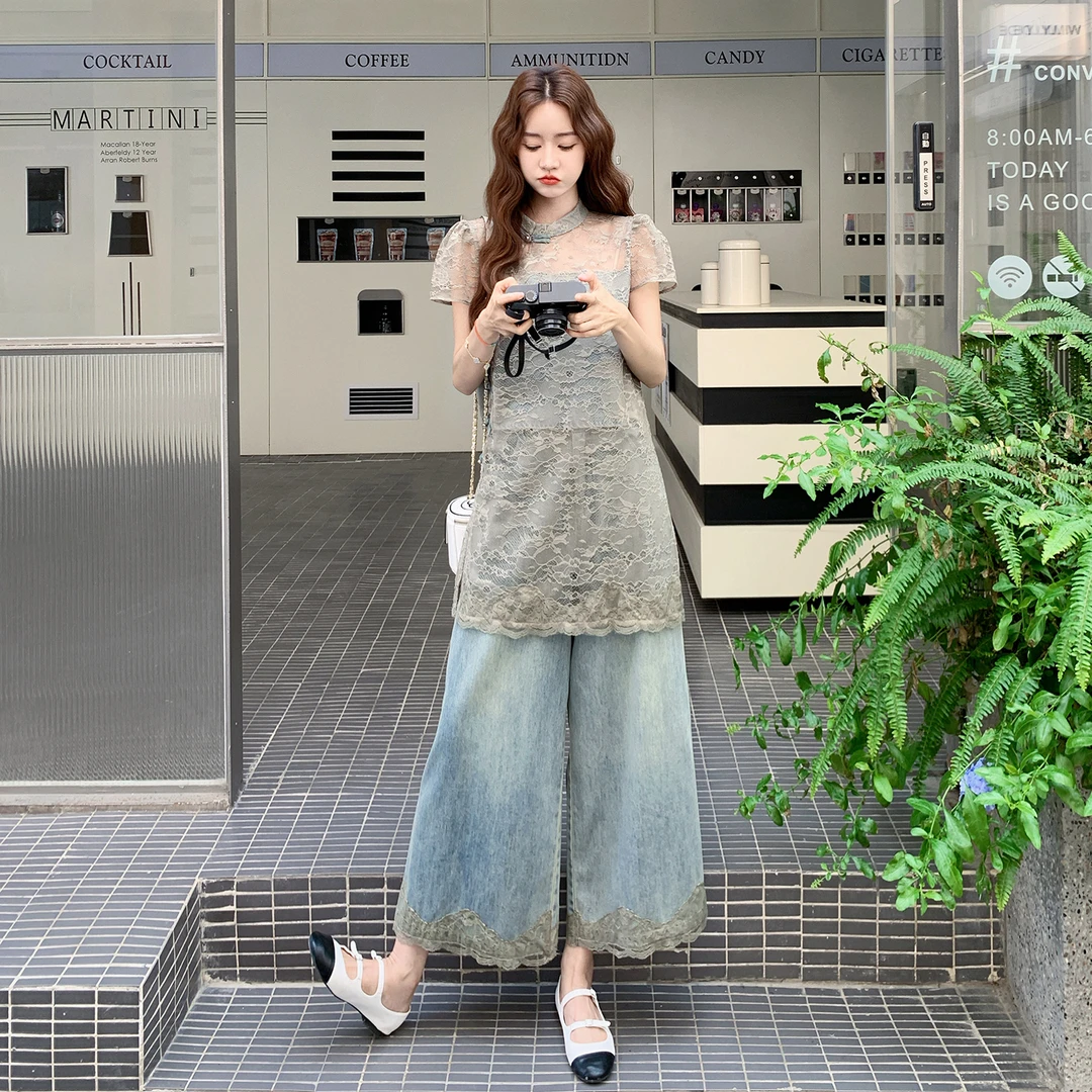 夏日ootd穿搭休闲套装女夏2025新款蕾丝背心罩衫牛仔阔腿裤两件套