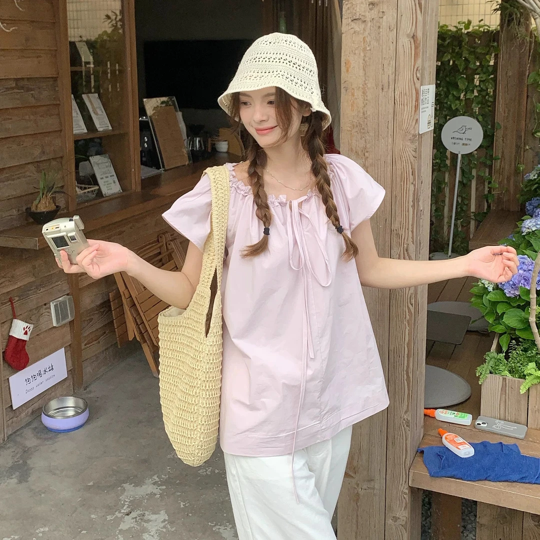 木耳边圆领粉色系带短袖衬衫女夏季独特设计感法式宽松慵懒风上衣