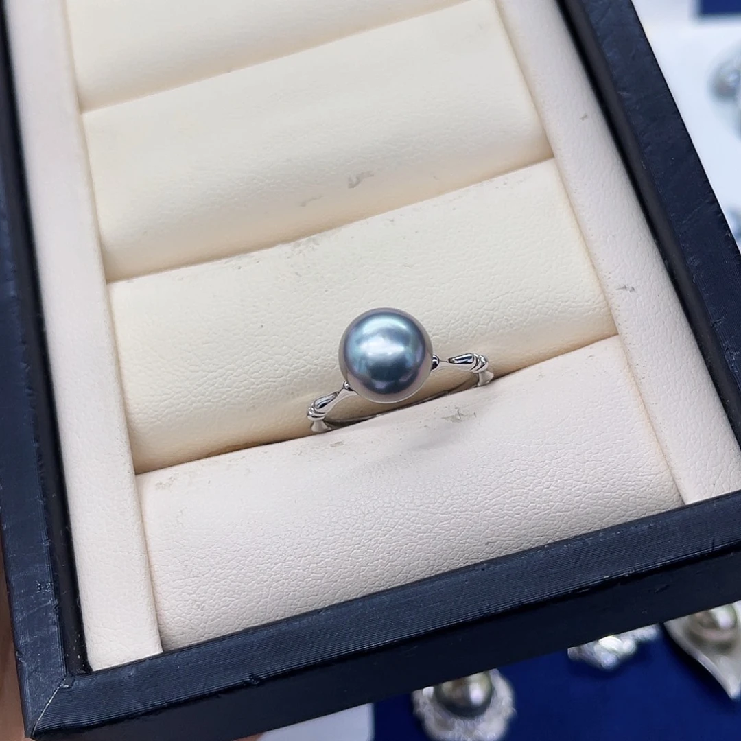 银S925镶嵌戒指海水珍珠铂金灰戒指特价不退换