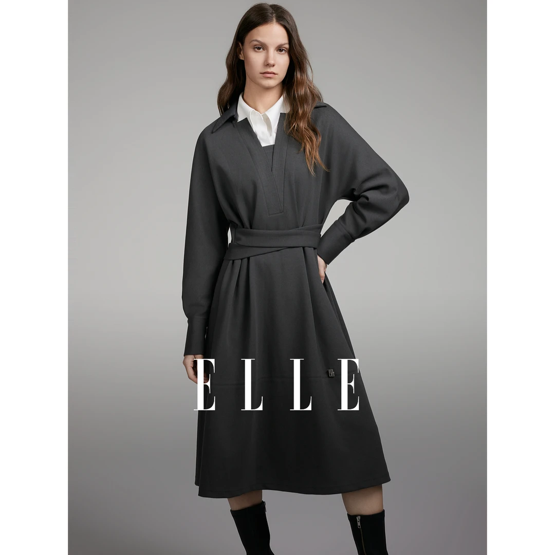 ELLE收腰女装连衣裙2025春季新款尤莱特显瘦气质长袖时尚EL49588