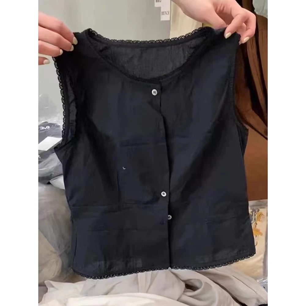 上身绝美！遮肉显瘦~时尚简约黑色圆领背心25夏设计感减龄排扣上衣