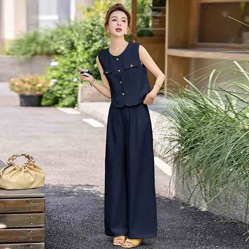 时尚套装法式显瘦减龄时尚夏季无袖女装阔腿裤气质洋气