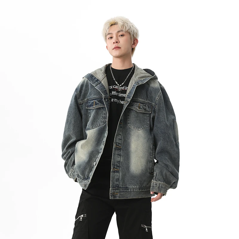 复古简约多口袋设计连帽宽松男士牛仔休闲潮流水洗情侣夹克外套