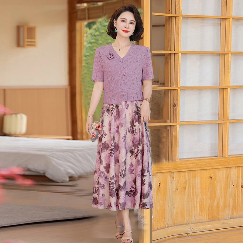 时髦洋气印花拼接假两件连衣裙2025夏季新款气质减龄中长款大摆裙