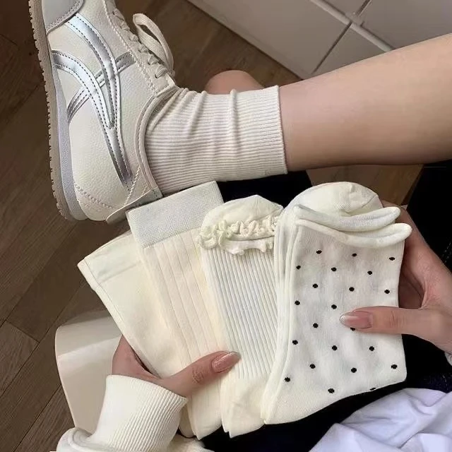 韩系木耳边波点袜子女中筒袜纯色奶油芭蕾风甜美百搭中筒袜