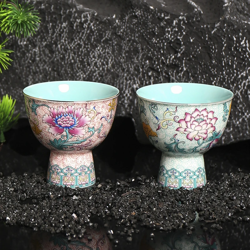 【西泠墨香上新】珐琅釉缠枝纹高足杯（粉+绿）对杯单HX03180278a