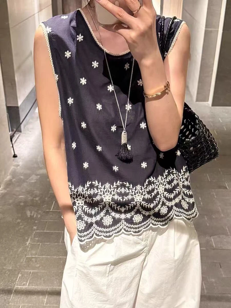 深圳南油白桃美美 小清新麦穗刺绣无袖背心夏季新款休闲显瘦A2876