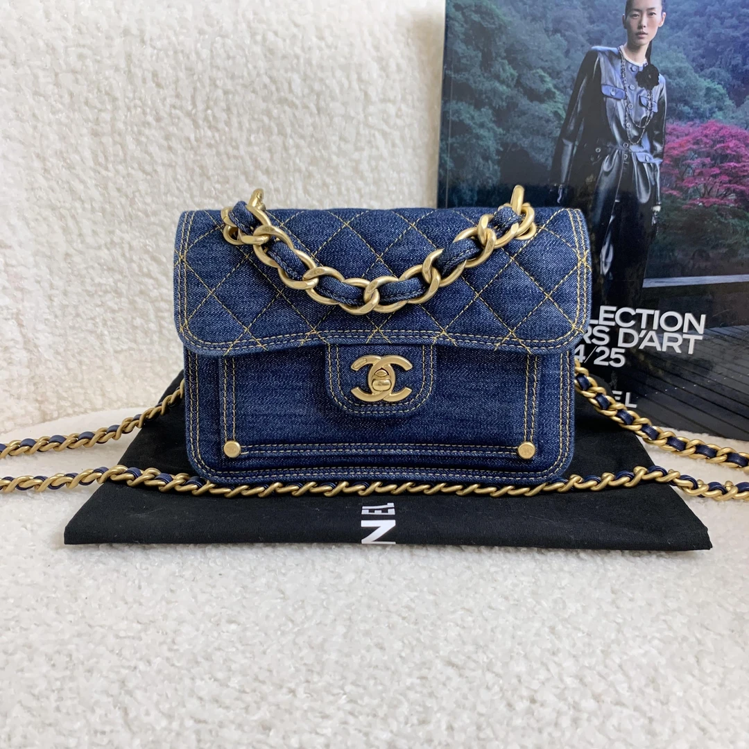 99新 Chanel/香奈儿 壹臻/23s金丝牛仔邮差包小号93252047