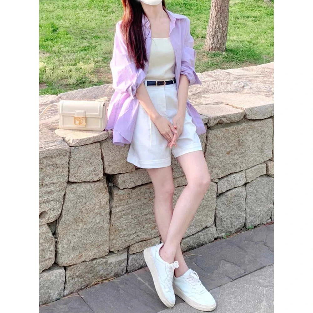 夏季女2023新款茶系穿搭一整套活泼减龄网红衬衫炸街简约三件套装