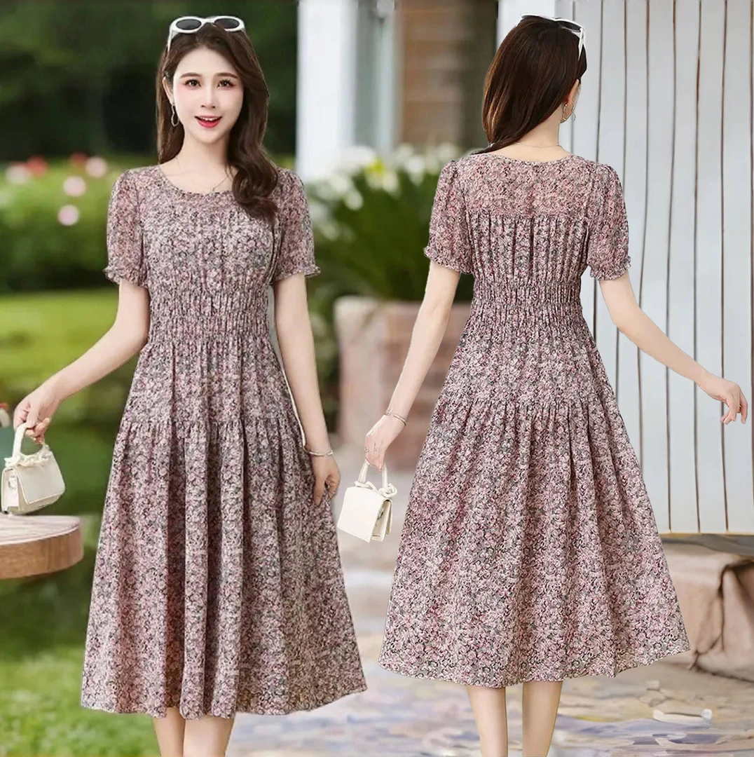 L079商场同款2025夏季时尚短袖韩版裙子过膝修身碎花长款连衣裙
