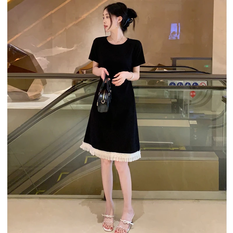 2025夏新款法式简约气质小黑裙珍珠拼接遮肚子显瘦连衣裙女843