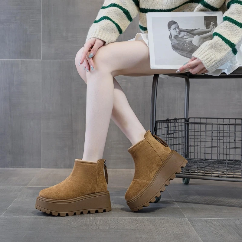 跟高7厘米小个子厚底增高短靴女2024冬季新款博肯加绒保暖马丁靴