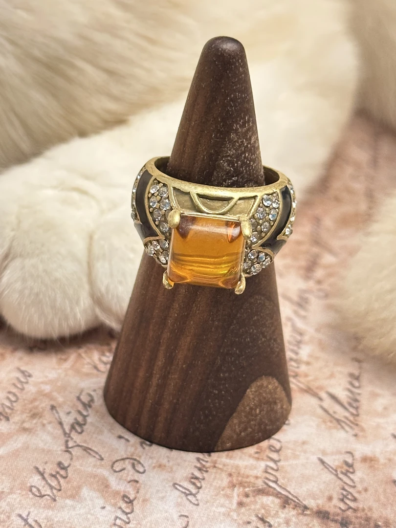 铜合金锆石戒指 中古镀金黑色珐琅锆石戒指  R2301