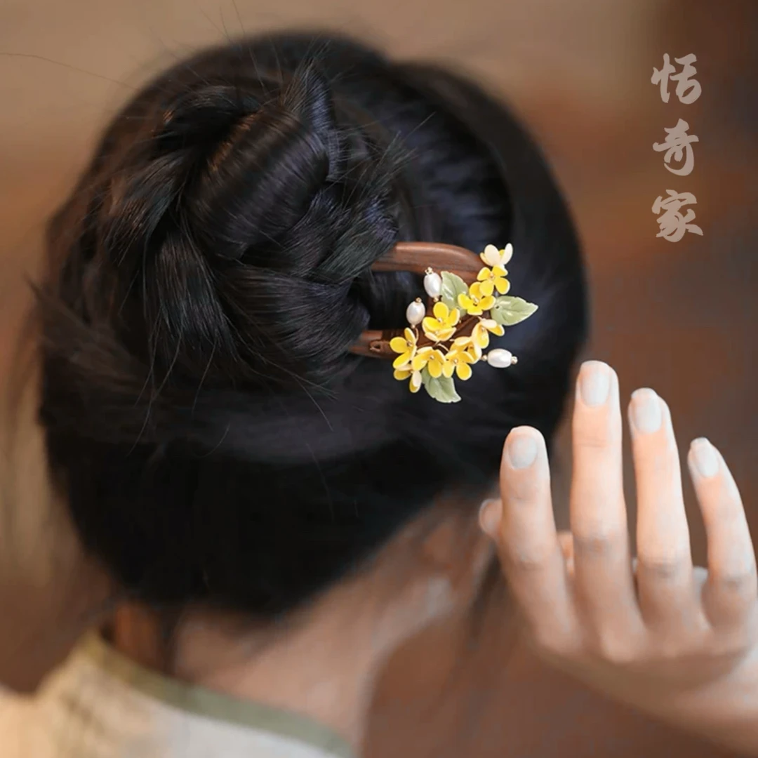 恬奇家z1717”夏日桂花“古典气质木质双钗发簪高级感盘发编绳汉服