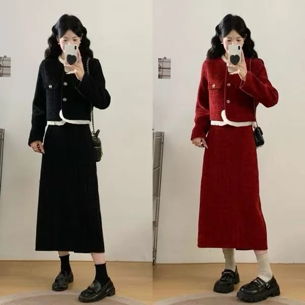 2025年秋冬新款小香风大码女装气质时尚毛呢外套半身裙两件套2026