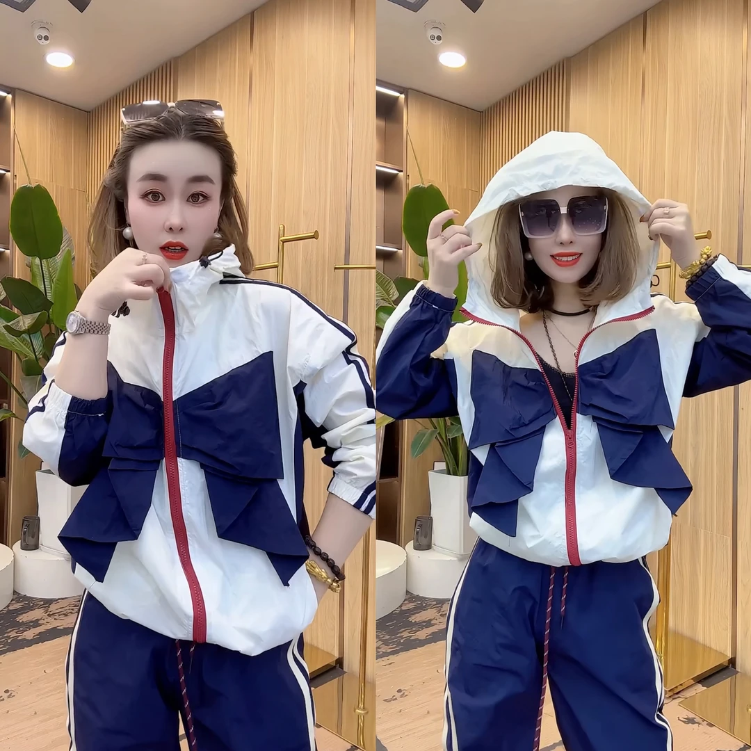 8283春季新款防晒套装 时尚休闲连帽拼接撞色拼色运动风韩版潮流