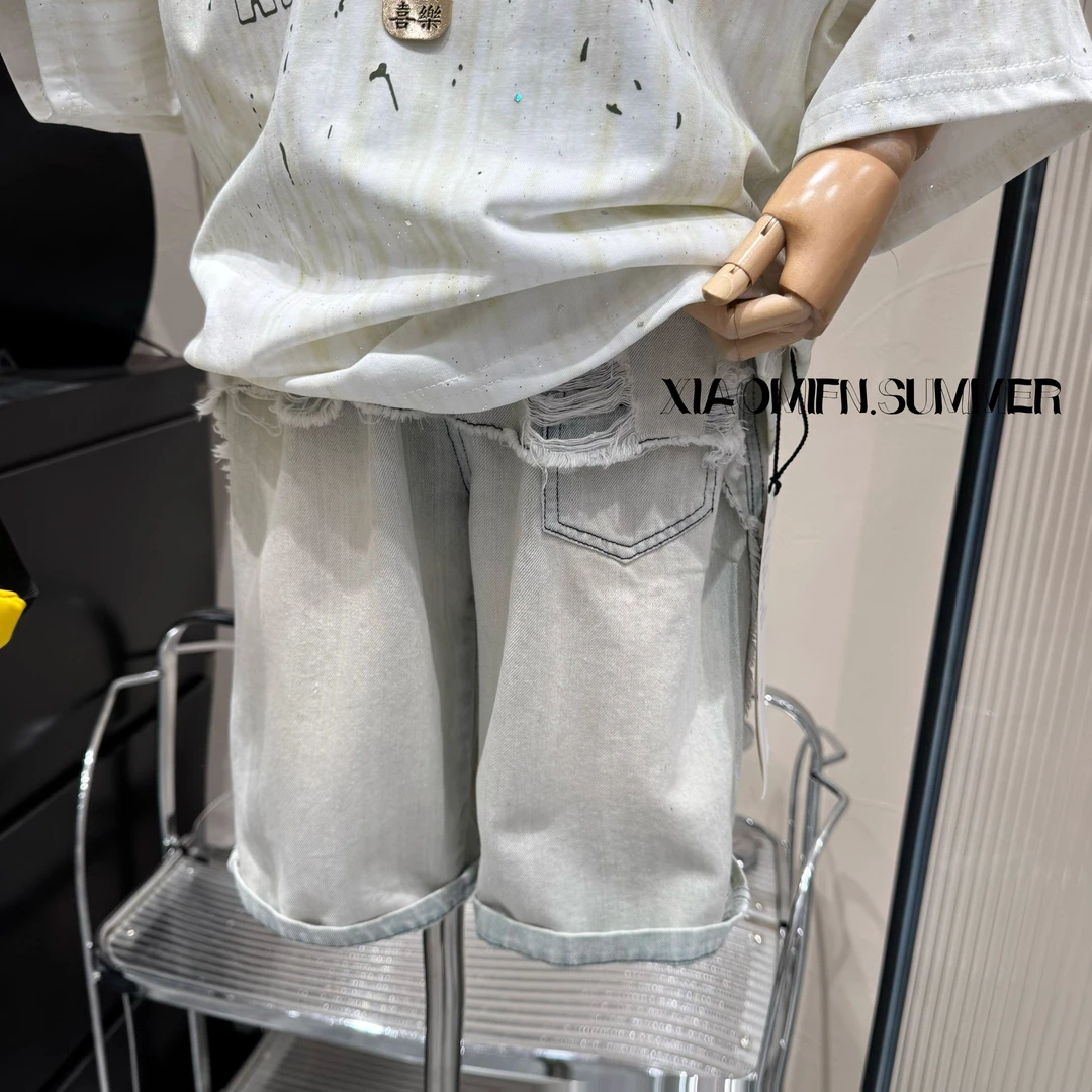 现货~韩版男童2025春夏季新款做旧工装拼接牛仔裤时尚洋气百搭569