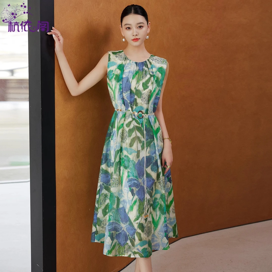 天丝亚麻无袖背心连衣裙女夏2025新款高级感印花波西米亚度假裙子