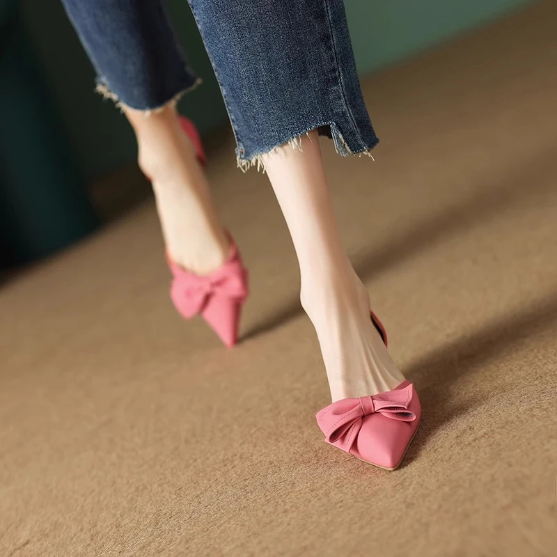 断码清仓性感粉色单鞋女猫跟2025新款蝴蝶结细跟高跟鞋中空真皮鞋