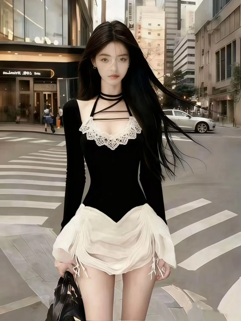 秋冬纯欲御姐风黑色不规则领修身收腰长袖拼接短款设计感连衣裙