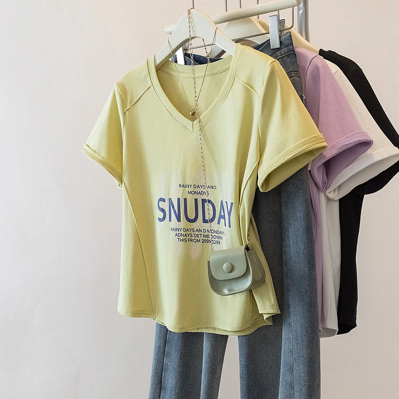 大码女装2025夏季新款设计感显瘦字母印花短袖T恤上衣2008