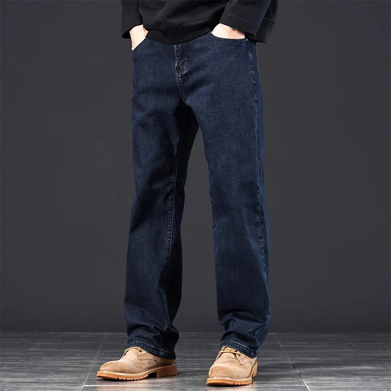 香港牛仔裤子男款秋冬季加绒加厚宽松阔腿男生直筒大码休闲长裤男