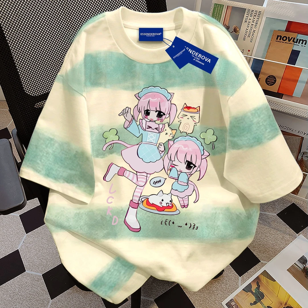 100%纯棉潮牌卡通学生短袖t恤男女夏季新款宽松运动小众情侣上衣