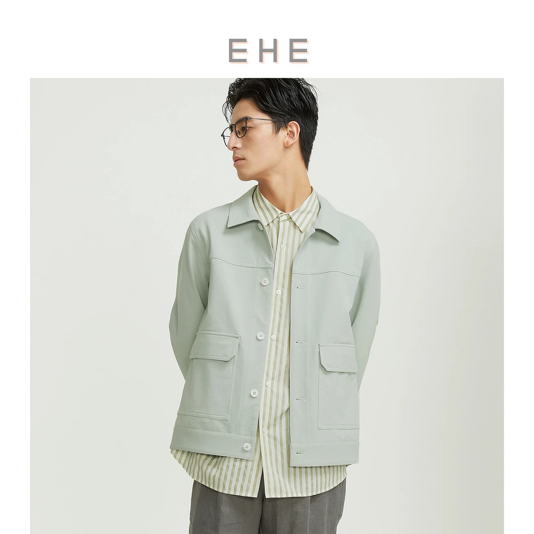 EHE男装 春夏浅绿色棉质时尚文艺工装翻领夹克外套男66101221025