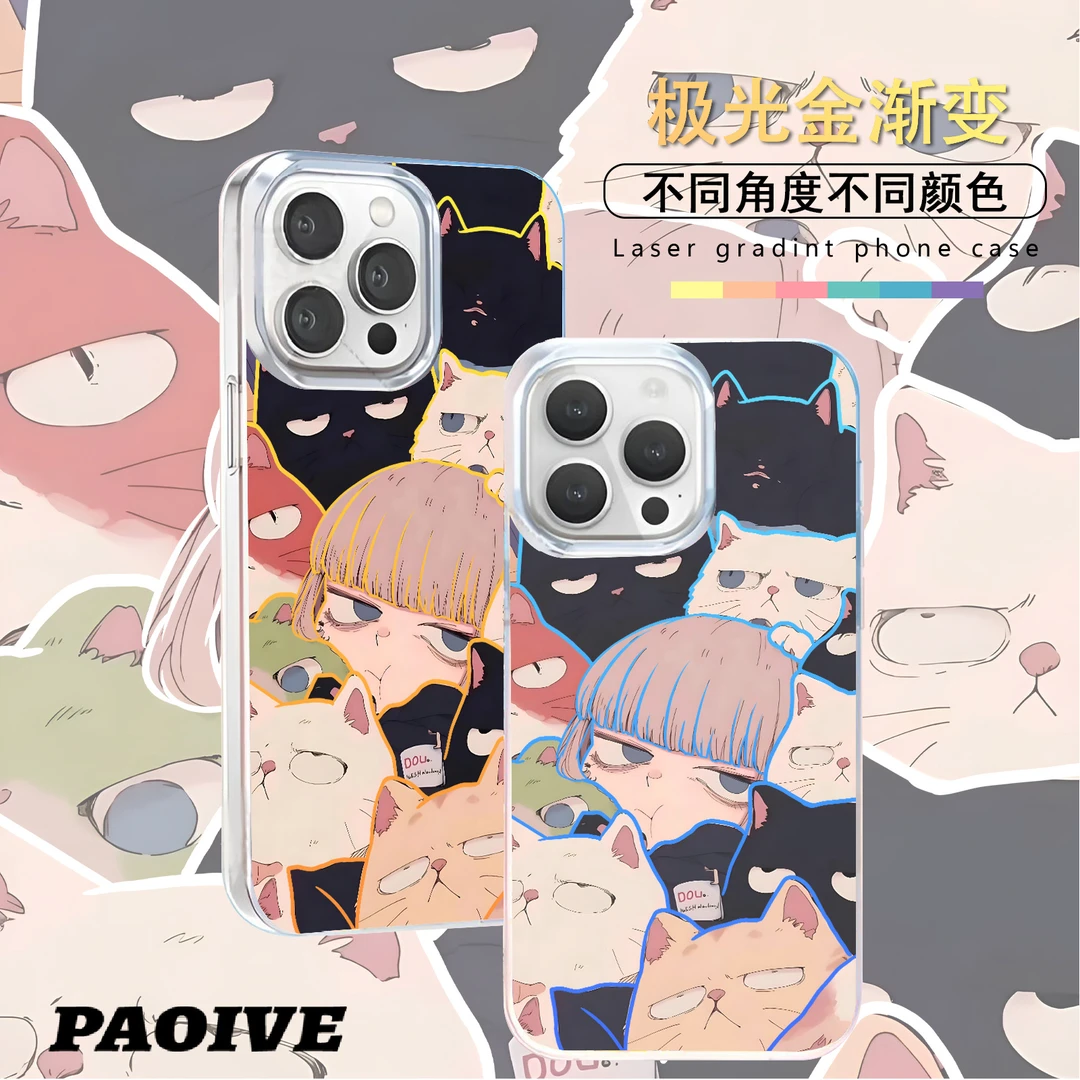 满屏猫咪女孩适用苹果华为vivo一加iPhone小米红米一加极光手机壳