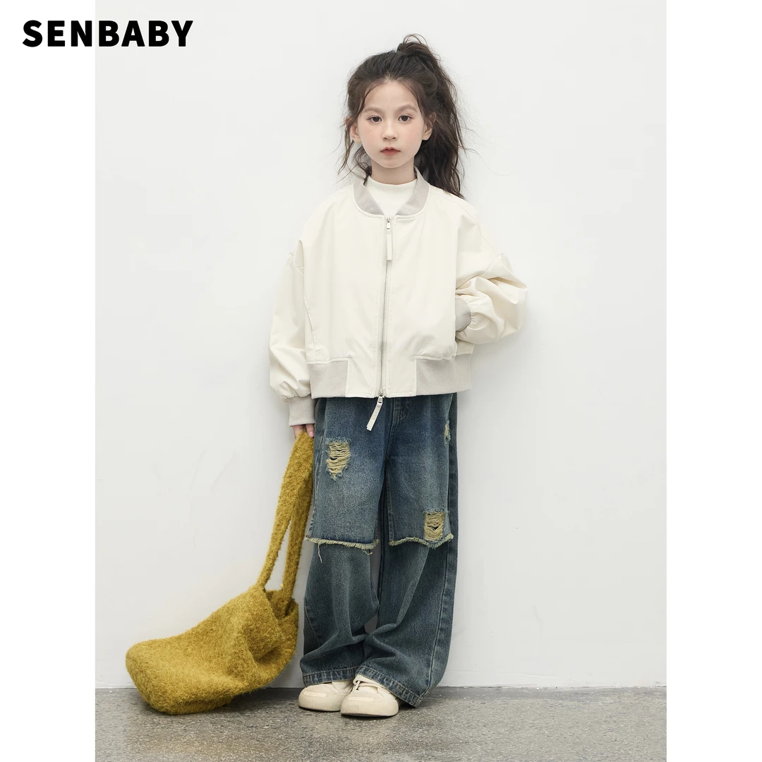 【现货】senbaby女童洋气外套25新款圆领拉链棒球服韩版夹克外套