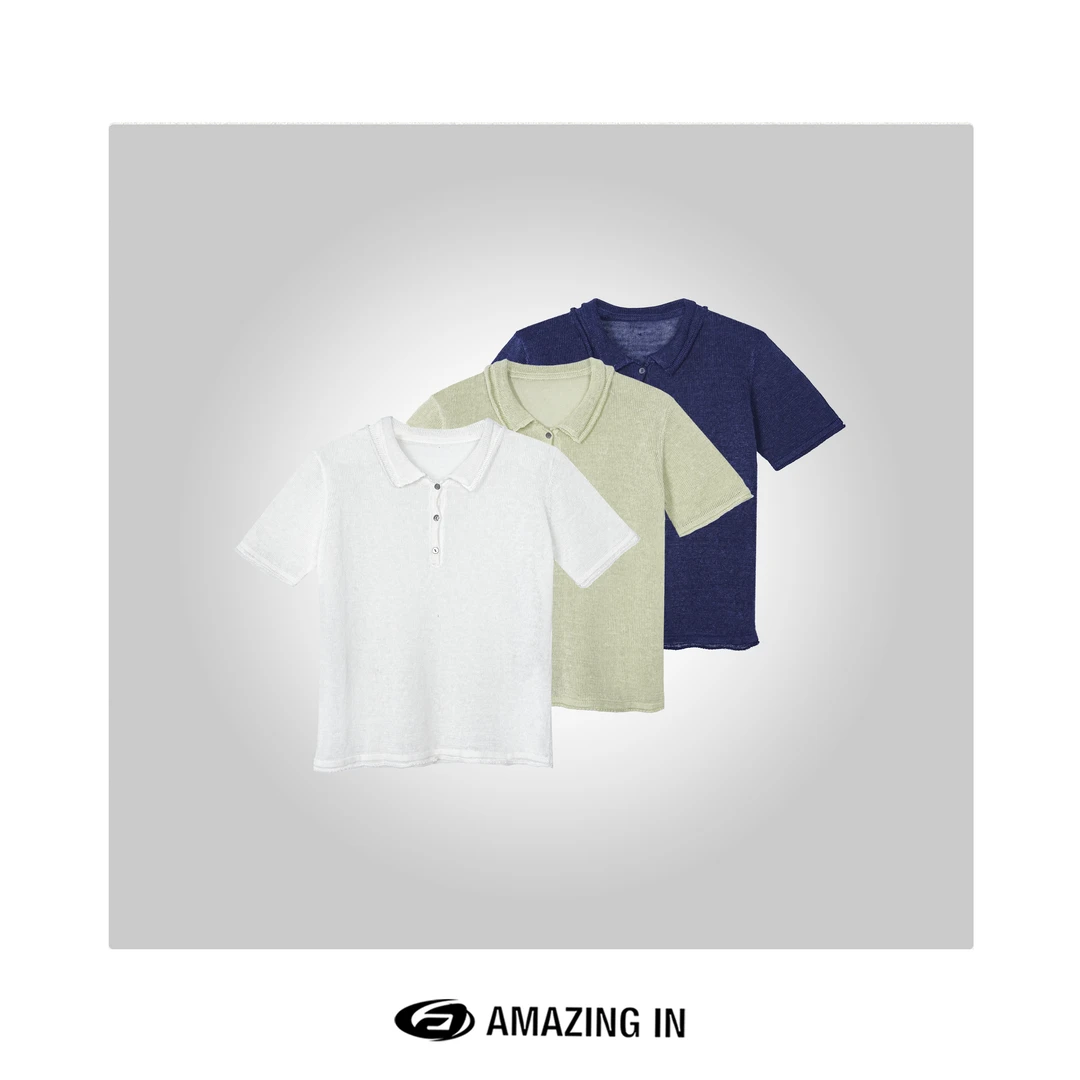 AMAZING IN | 1oo%亚麻 | 卷边短袖polo衫上衣 A250314-SY-S25002