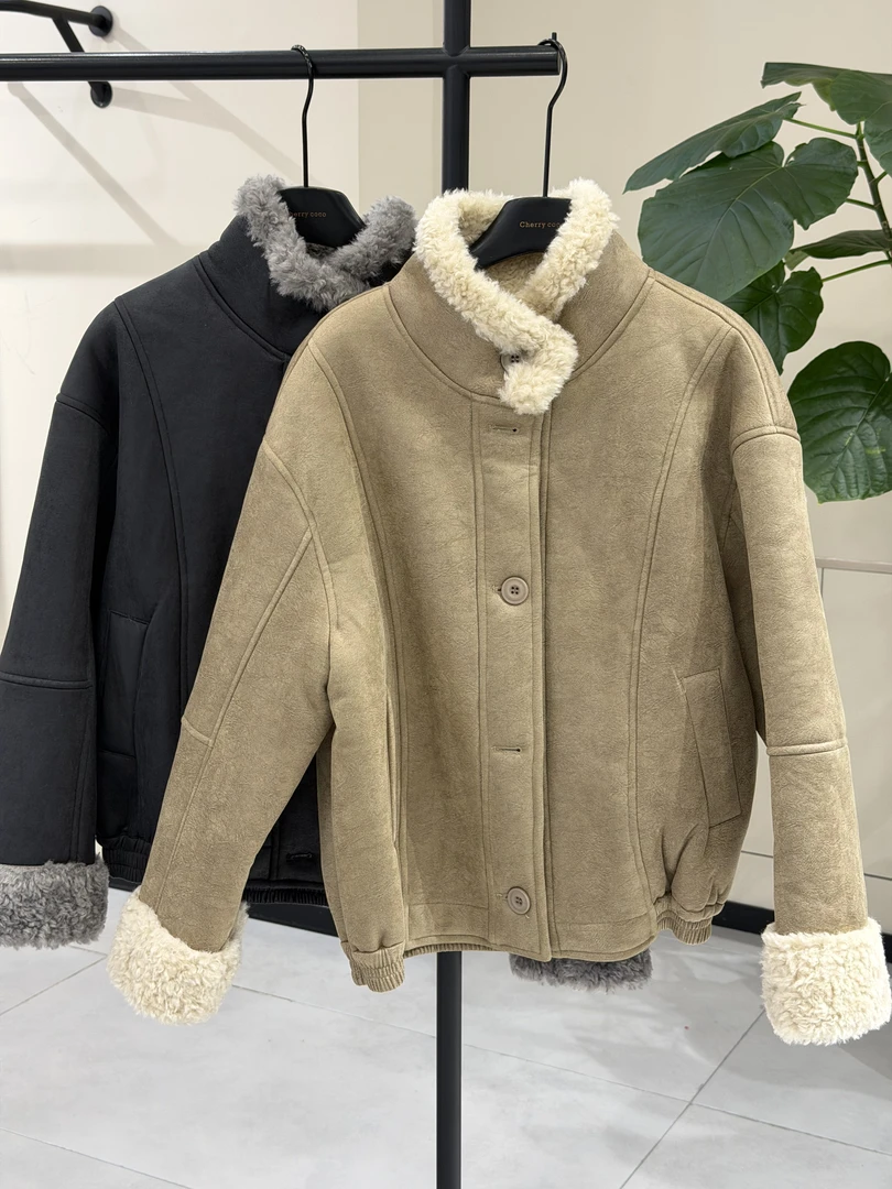 C25885-毛领拼接加厚保暖百搭松弛氛围感外套