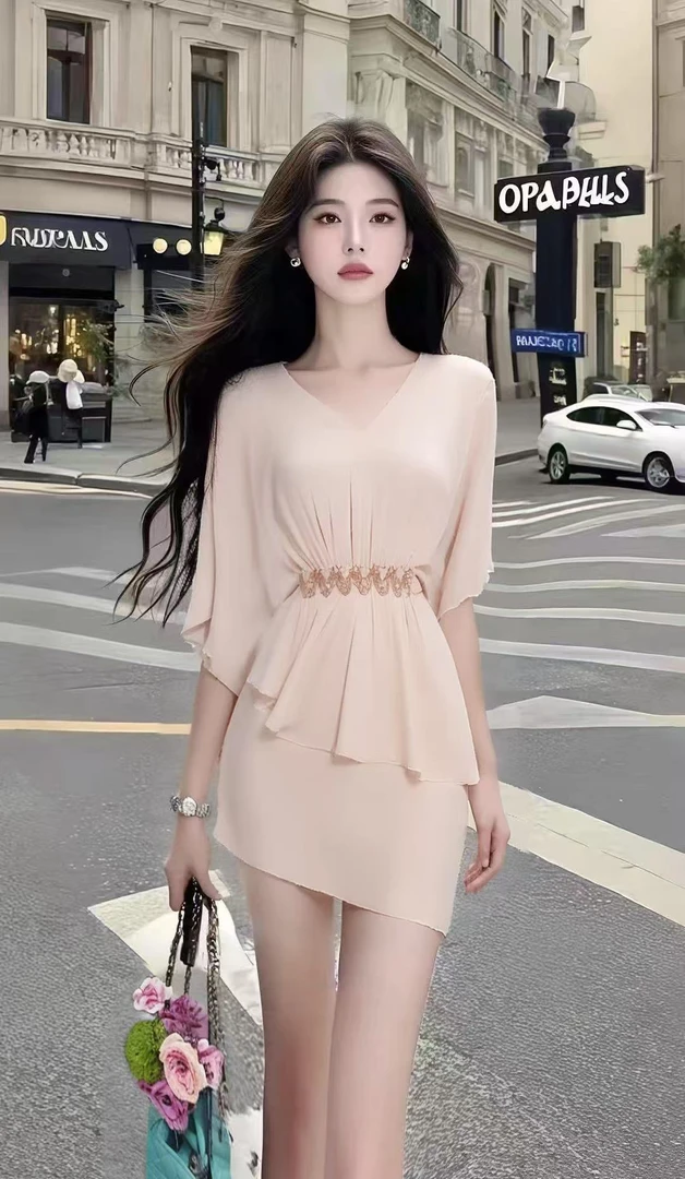 轻奢时尚气质名媛杏色V领收腰包臀不规则设计连衣裙女氛围感裙子