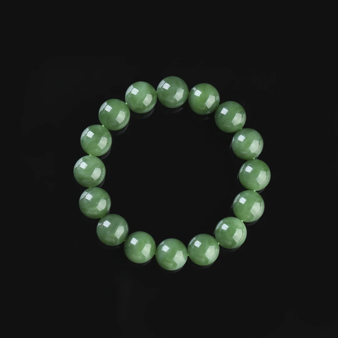 【大国非遗】俄料和田玉粉绿单圈素珠款手串(孤）12mm43-44g 00046