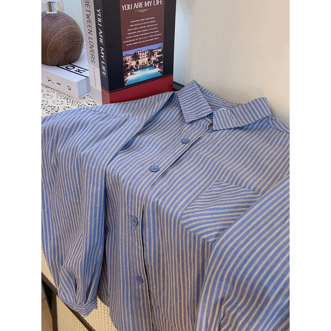 100%纯棉设计感条纹衬衫春秋韩版宽松显瘦衬衣女