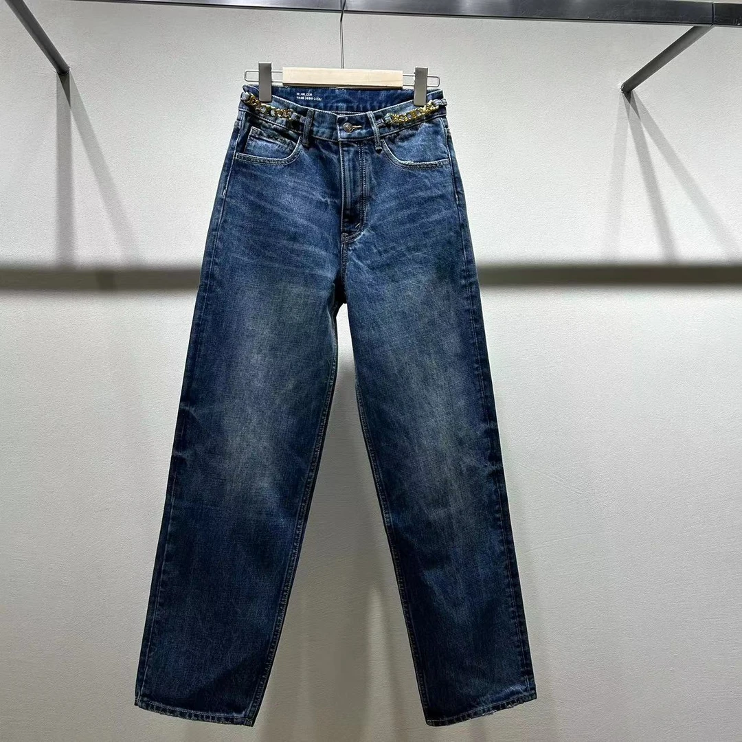 1073复古女金链高腰显瘦直筒裤阔腿牛仔裤