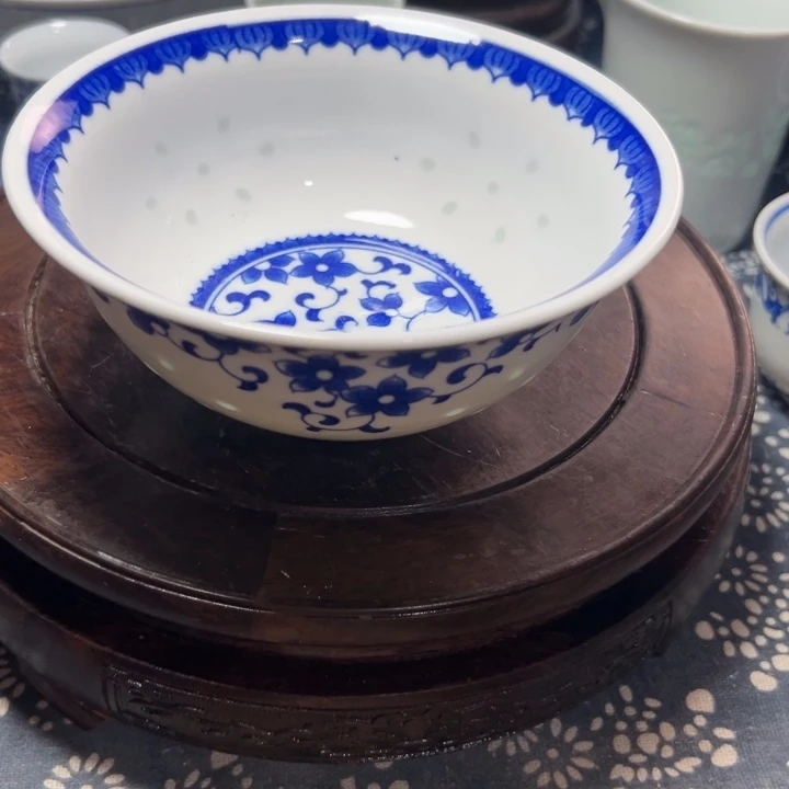 青花玲珑5寸紫荆花饭碗5个带边