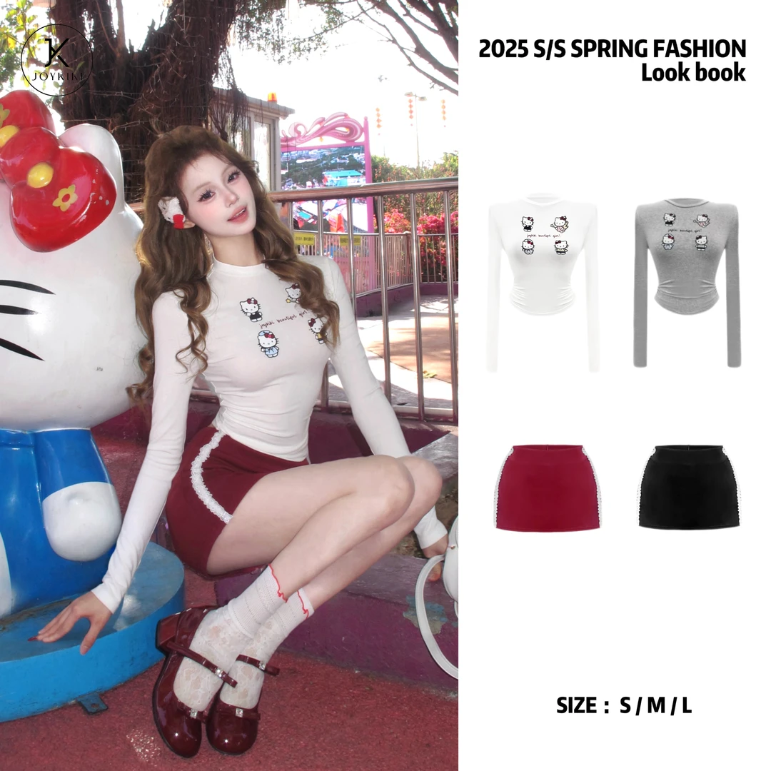 JOY KIKI金金【KT系列】甜美可爱少女印花弹力显瘦上衣J25A077