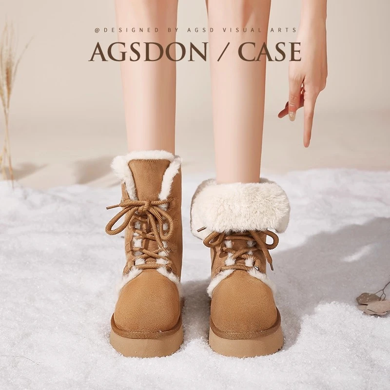 奥古狮登毛毛雪地靴女款2025新款秋冬季加绒可翻折厚底东北棉鞋xx