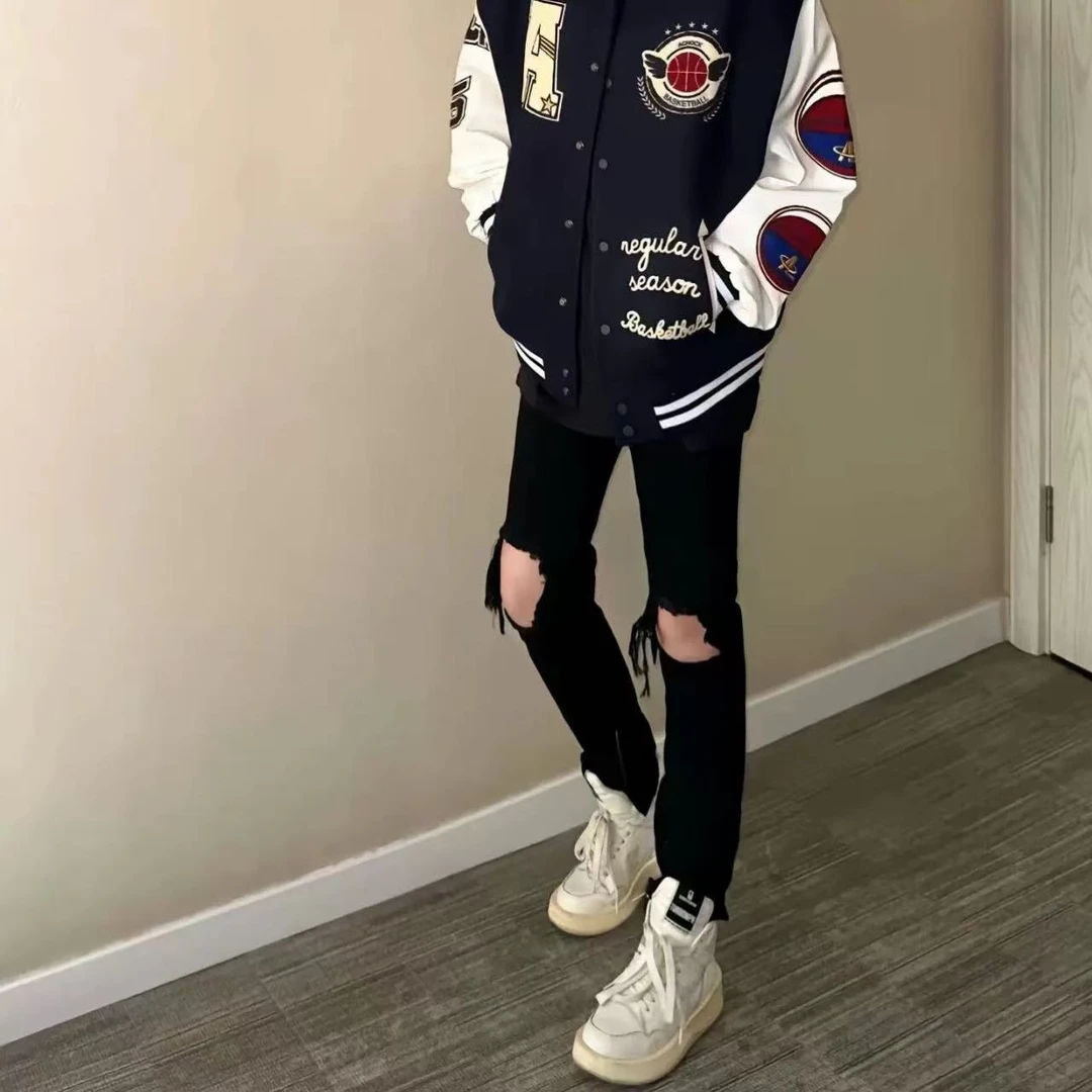 欧美黑色拉链破洞牛仔裤潮牌设计感hiphop修身小脚显瘦裤子-1020