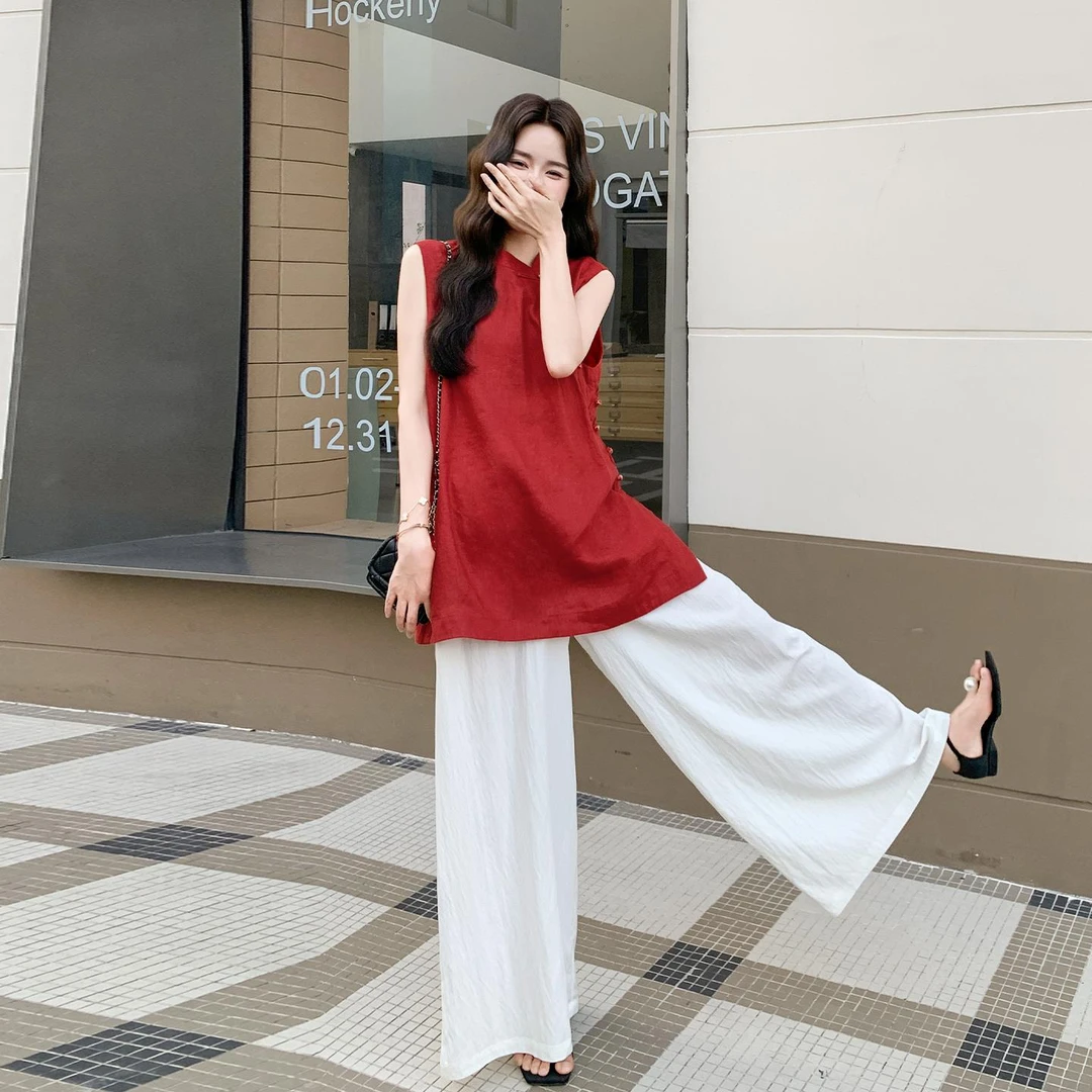 巨好看的国风红色立领盘扣马甲上衣阔腿裤套装女夏季新中式两件套