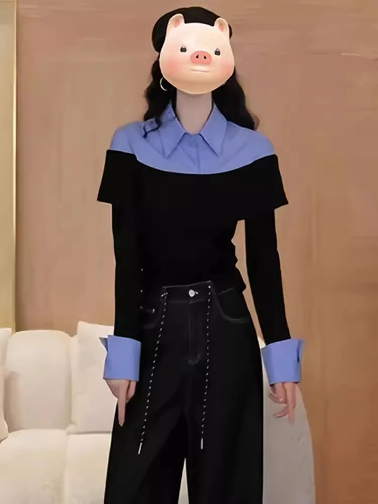 2025超火撞色拼接设计感衬衫女高级感轻奢减龄洋气法式高级感上衣