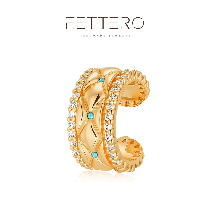 fettero 铜合金耳饰 【金色松色双线菱格耳夹】气质轻奢小众镶嵌