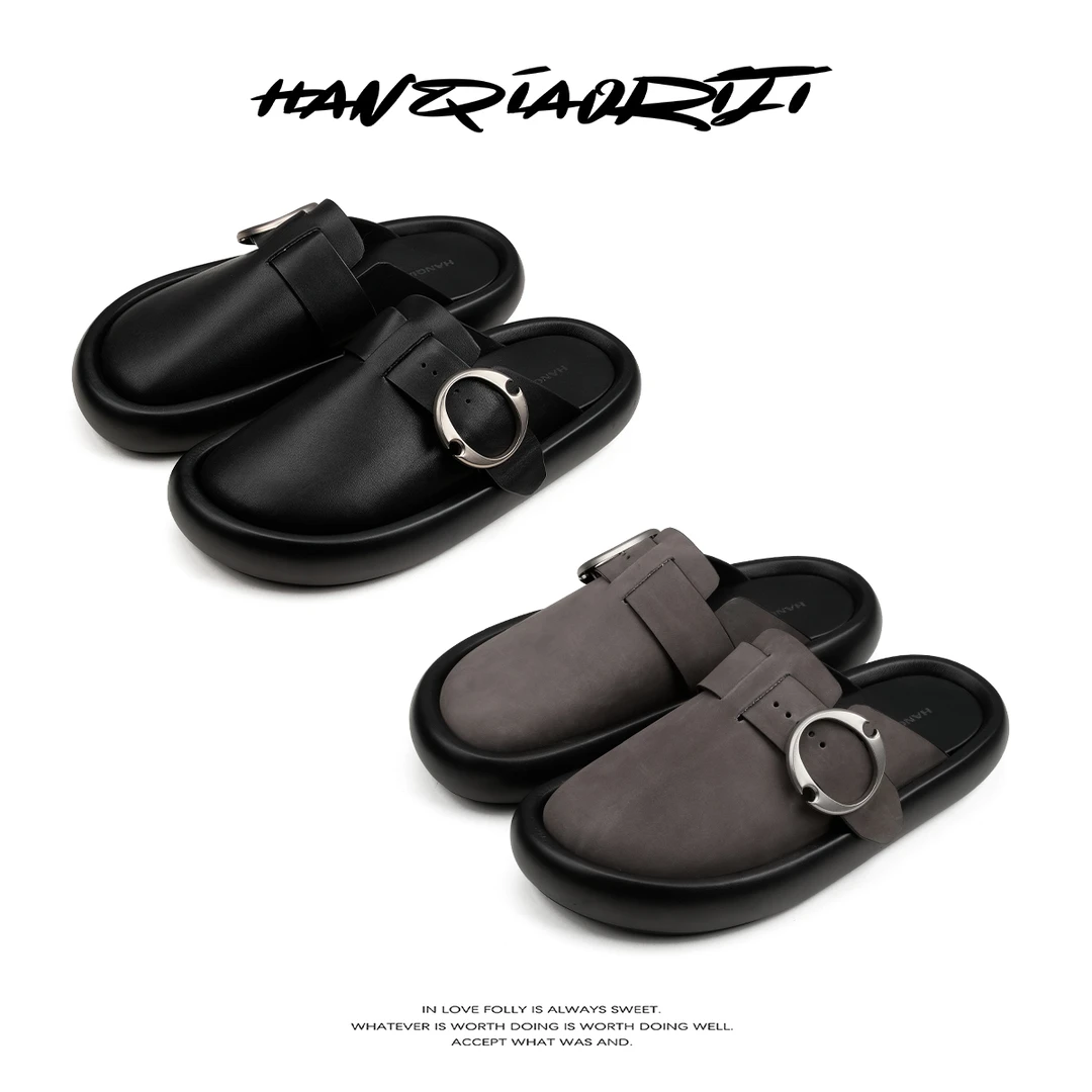 韩桥日记"圆弧"日常百搭厚底勃肯鞋牛皮增高一脚蹬懒人包头拖鞋