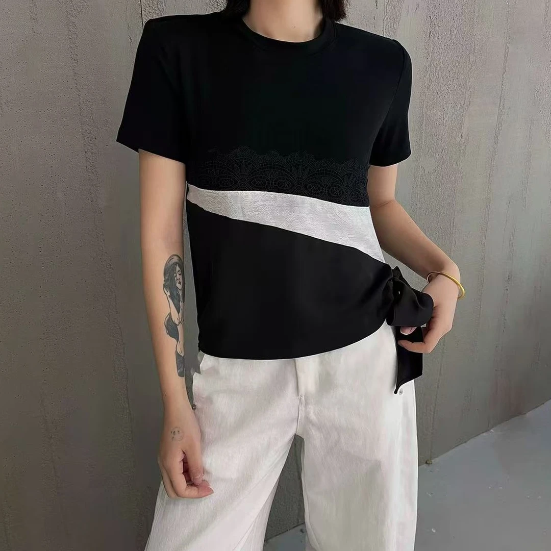Manmi 绑带设计款撞色拼接短袖T恤  78162（C7）