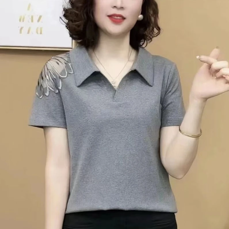 2025女式翻领肩花夏季半袖POLO衫